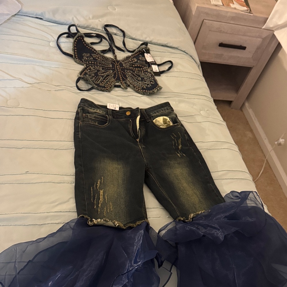 Fashion Nova 2 Piece Butterfly Set Dark Blue Flare Jeans with Tulle